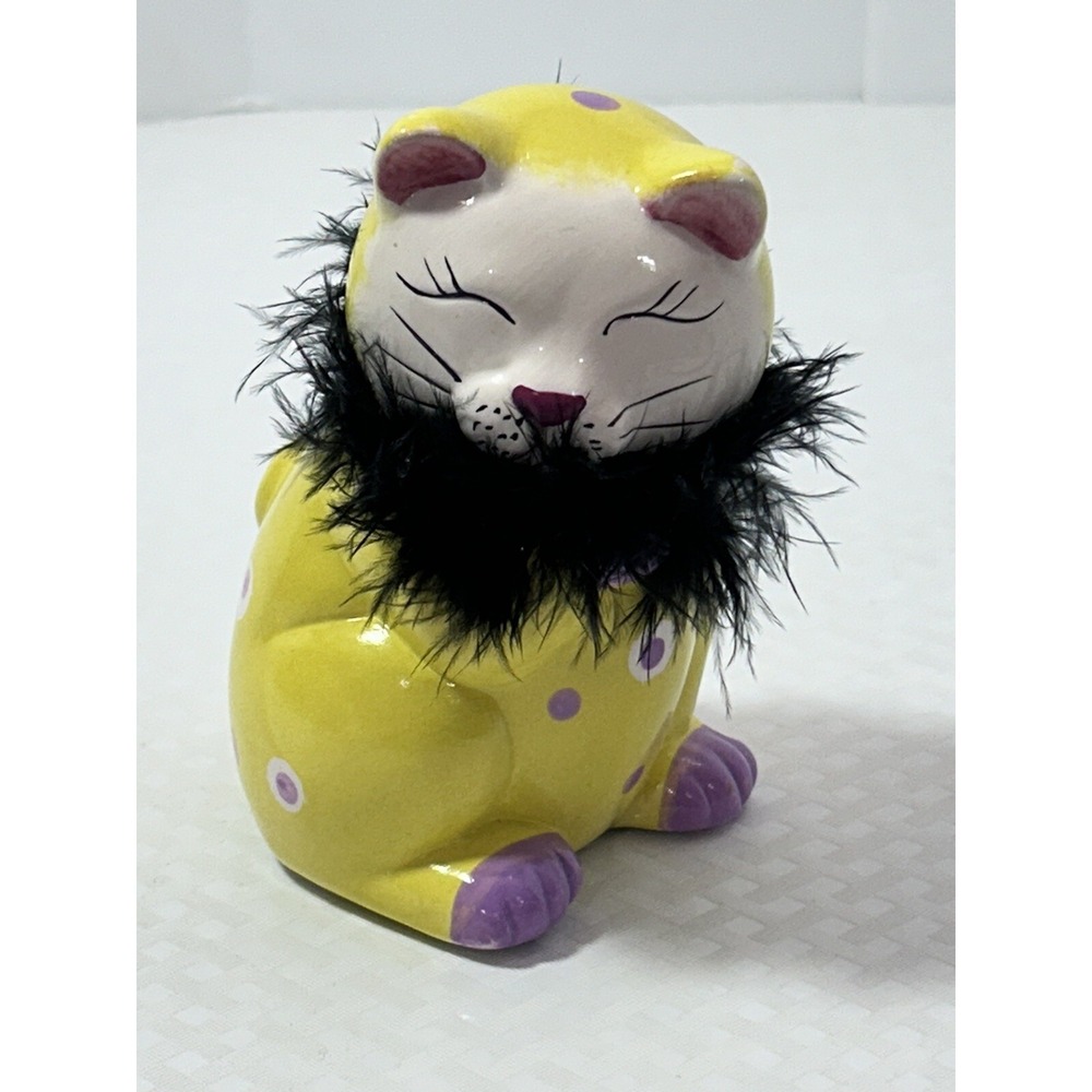 Anthropomorphic Cat Figurine Yellow With Feather Boa Collar 5 Inch Ceramic